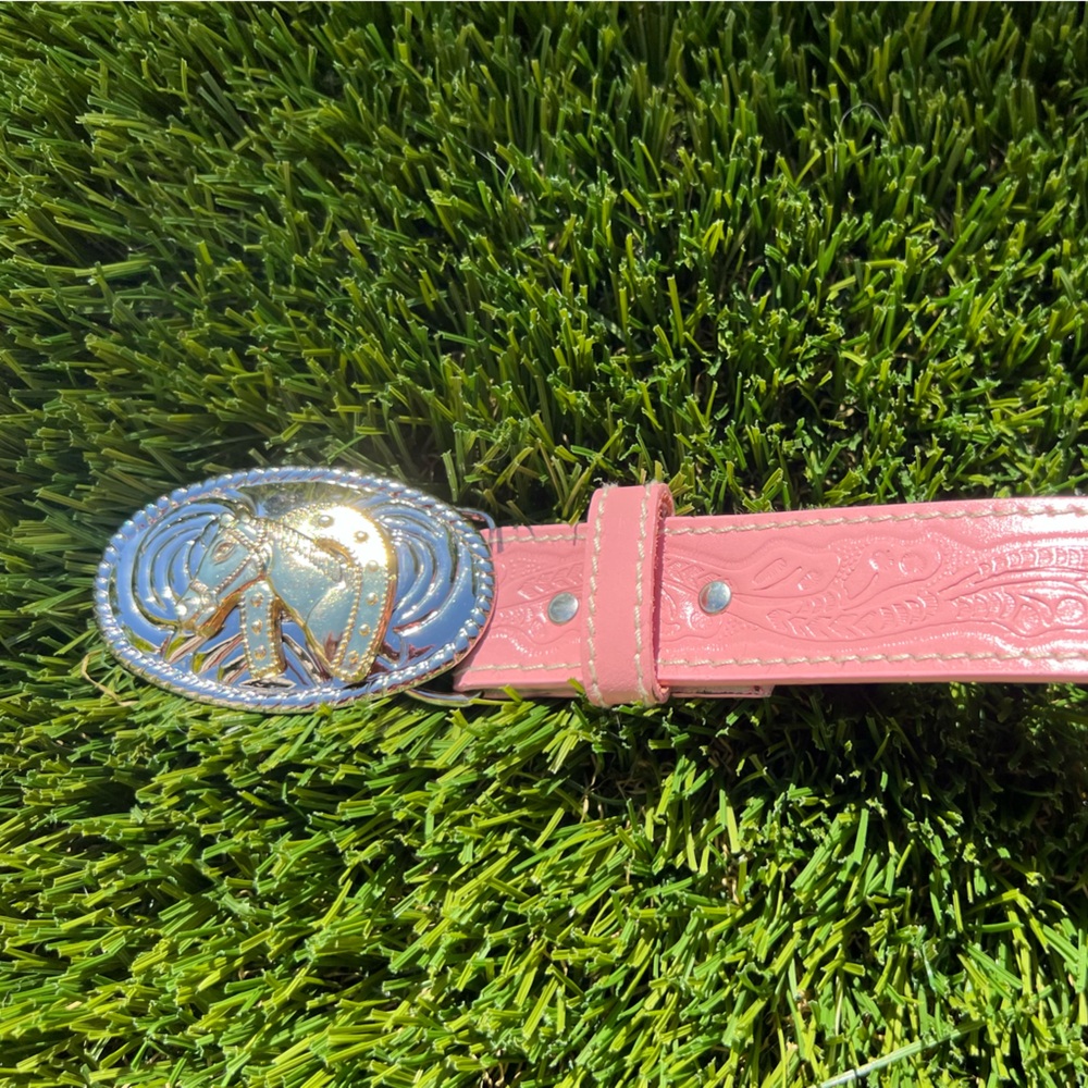 NWOT Nocona Pink Tooled Western Leather Belt with Horseshoe Buckle 28